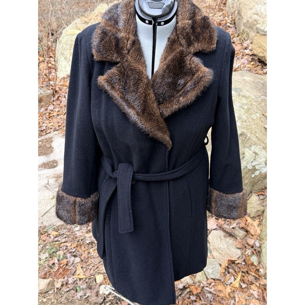 Jessica London Vintage Wool Blend Coat Faux Fur Collar Cuffs Belted Black Medium - Picture 3 of 12